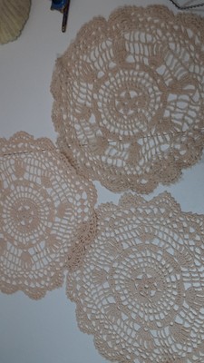 Hand Crocheted Doilies Beige Ecru Off-White Round 13'' Granny Cottage Core 3pc