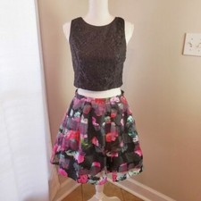 Jodi Kristopher Dress 13 Sequin crop top Pleated floral tulle skirt 2 Piece Prom