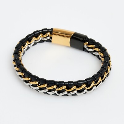 MAUDELLA Braided Black Leather Stainless Steel Men Bracelet
