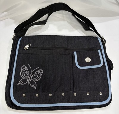 Vintage SO Wear It Declare It Messenger Shoulder Bag Black Blue Trim Butterfly