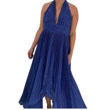 MAC DUGGAL Dress Size 2 Evening Gown Sapphire Blue Halter Metallic Shimmer NEW