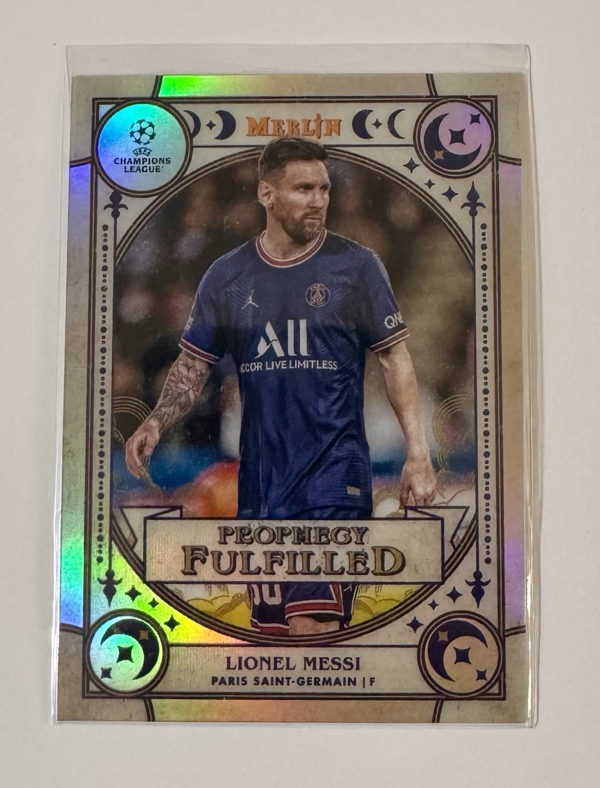 2021-22 Topps Merlin Collection Chrome UCL Prophecy Fulfilled Lionel Messi #PF-7 view 3