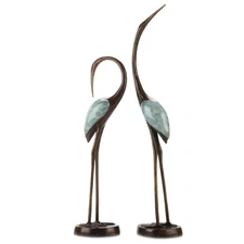Antiqued Brass Crane Song Statues - Set of 2
