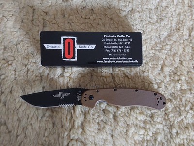 ON8847CB Ontario RAT Model 1 Combo Edge AUS-8 Blade Coyote brown nylon handles  