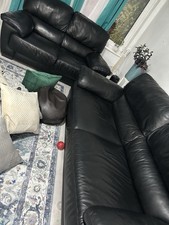 Black Leather Sofa, 5 Seater Traditional Pad Arm Solid, W200xL85xH85cm