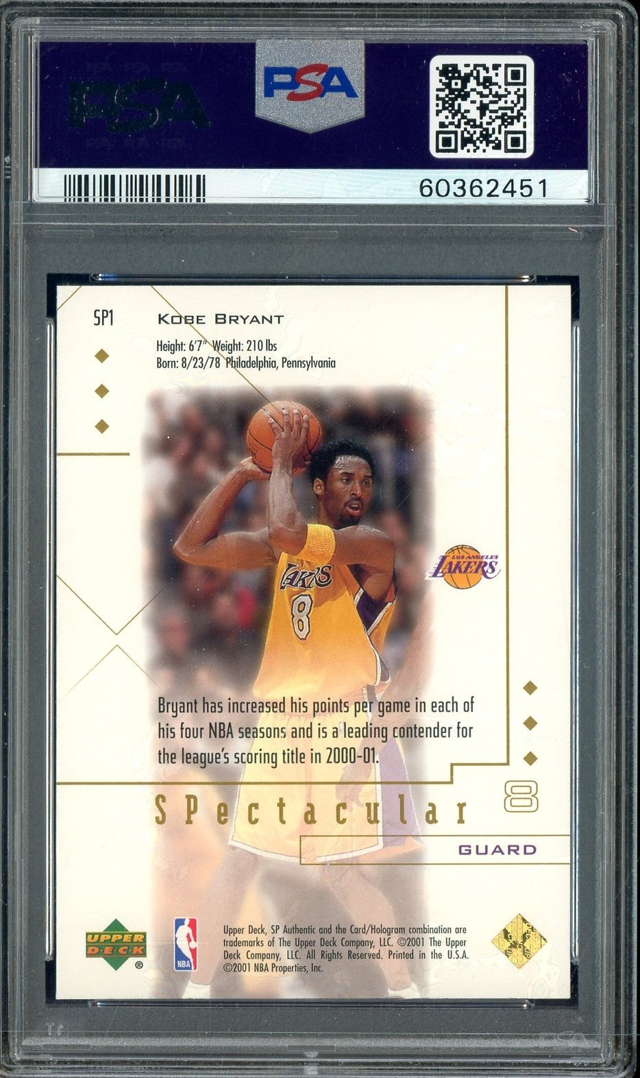 2000 SP Authentic Spectacular #SP1 Kobe Bryant Lakers HOF PSA 10 GEM MINT view 2