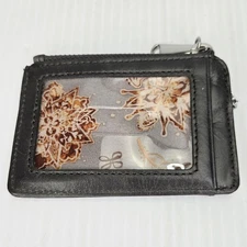 HOBO Leather ID Wallet Coin Purse Gray Zip Card Case Key Ring Floral Lining VTG