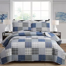 Plaid Quilt Queen Size Blue White Patchwork Bedding Lightweight Buffalo Checkere
