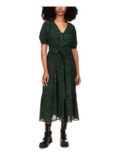 MICHAEL KORS Womens Green Tie Short Sleeve Tea-Length Shirt Dress XXS