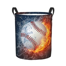 Baseball in Fire and Water Laundry Basket Round with Handle, Collapsible Fold...