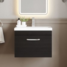 Image of Nuie Athena Wall Hung 1-Drawer Vanity Unit with Basin 1 Charcoal Woodgrain 600mm