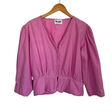 Rouje Paris Womens Cotton Button Up Top Sz 42 US 10 Pink 3/4 Sleeve Eyelet Trim