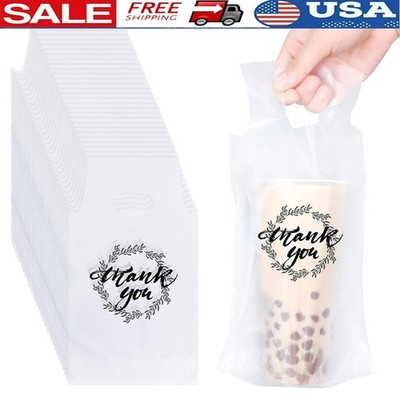 1000 Pack Clear Plastic Drink Carrier Bags Delivery Durable Portable Handle New