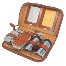 Vintage Mens Grooming Travel Set Leather Case Chrome Toiletry Kit Bakelite