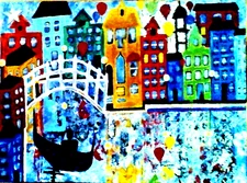 Original painting City Venice colorful art abstract  impressionist  18x24x1  pb