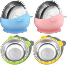 Stainless Steel Baby Suction Bowls 2in1 Silicone Toddler Feeding Set 4pcs