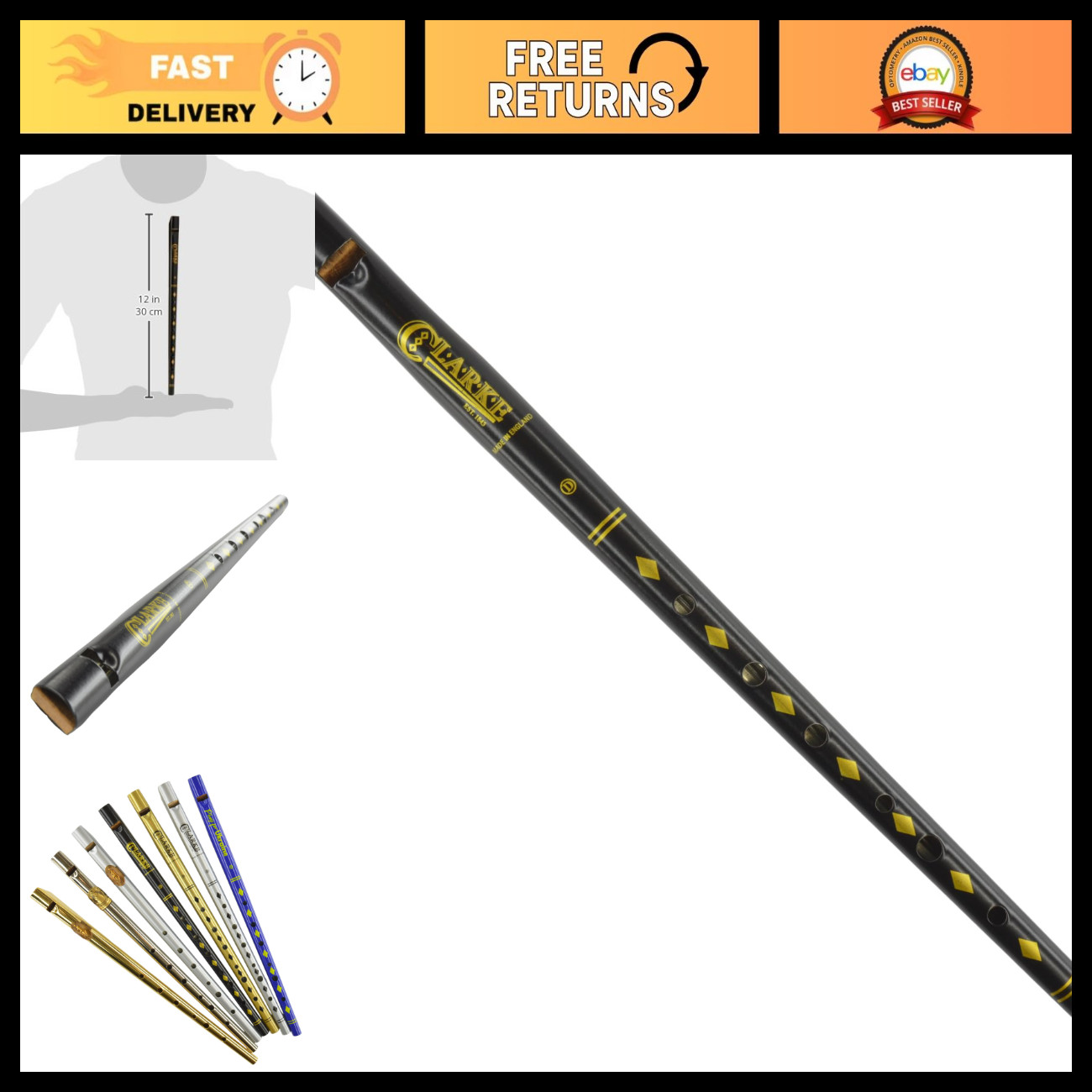 Traditional Irish Tin Whistle - Black Gold Diamond Decor - Celtic Penny Whistle