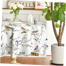 Spring Summer Tablecloth 70x70 Inch Round, Birds Branch 70" Round White