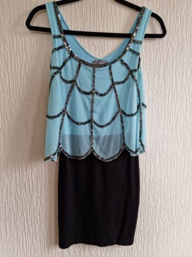 Lipsy Blue Black Embellished Chiffon Blouson Party Dress Mini Sleeveless Sz UK 8