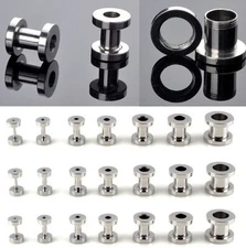 PAIR Stainless Steel SCREW Ear Gauges Ear Plugs Flesh Tunnel 12g - 00g Silver