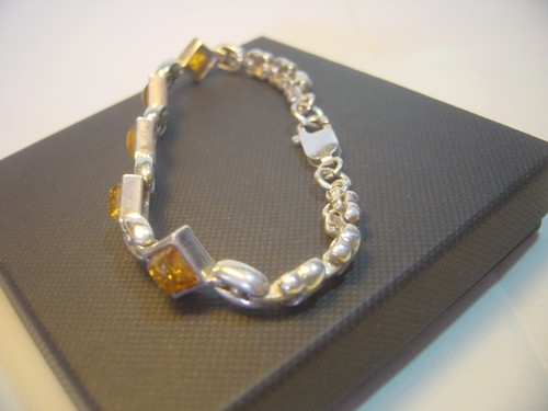 Stupendo bracciale vintage in argento massiccio - favoloso taglio quadrato vera ambra, 7,5" - Foto 2 di 14