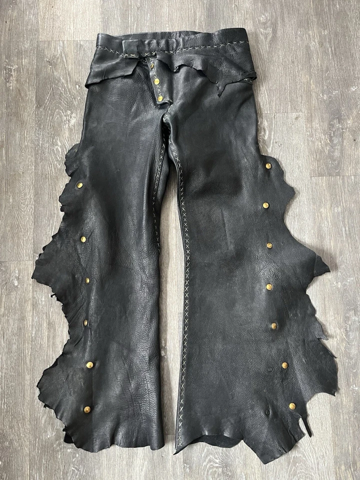 Pantalones cosidos a mano 32x31 de cuero genuino negro hechos a medida únicos