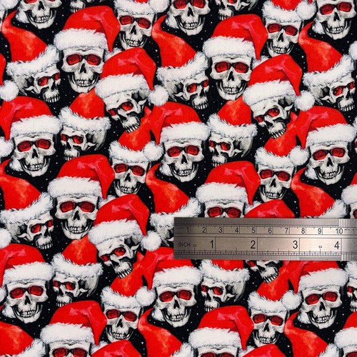 CC330 - 100% COTTON DIGITAL PRINT FABRIC - SANTA SKULLS - BLACK / RED - Picture 5 of 6