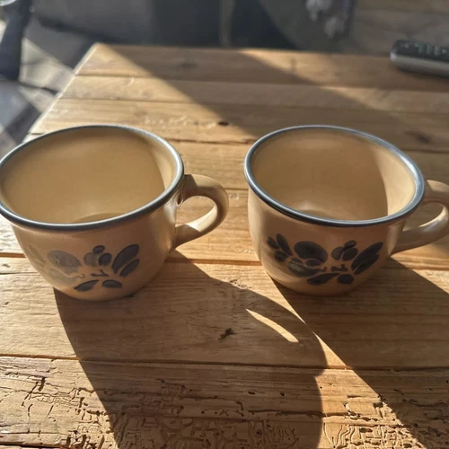 Set 2 Vintage Pfaltzgraff Folk Art Tan & Blue Coffee Cups Mugs USA