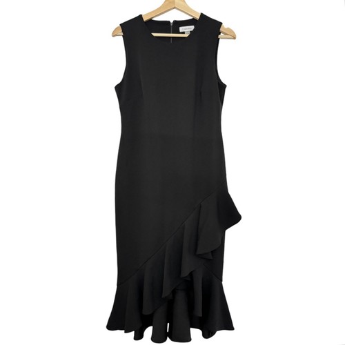 Calvin Klein Women Black Asymmetrical Ruffle Sheath Dress Sleeveless 10 Corpcore - Picture 10 of 17