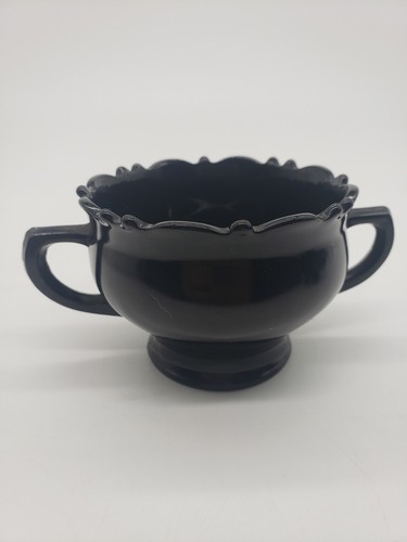 L E Smith Black Amethyst Glass Sugar Bowl Double Handle Footed Vintage T55 - Picture 6 of 6