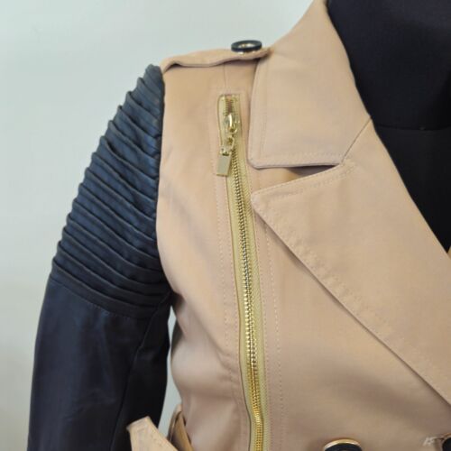 Damen Mantel Trenchcoat mit Kunstleder Ärmel Jacke Beige S - Bild 4 von 8