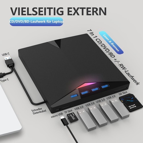 External Blu ray Drive USB 3.0 Type-C 3D Blu RAL Drive,DVD/BD Player Read/Write - Picture 6 of 8
