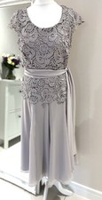 Jacques Vert Lace & Chiffon  Midi Dress Size 8 Silver Grey with Tie Belt Ex Con