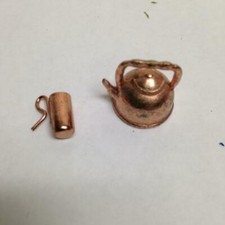 Vintage Doll House Miniatures 2pc Brass Tea Kettle and Cup  1in to 3in 