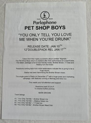PET SHOP BOYS -You Only Tell Me You Love Me..- Rare Set Of 2 12” Test Pressings - Foto 3 di 7