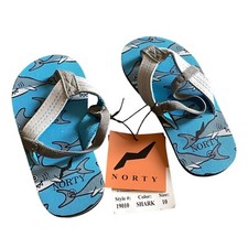 Norty Kids Shark Print Flip Flops Size 10 Blue Gray Rubber Sandals