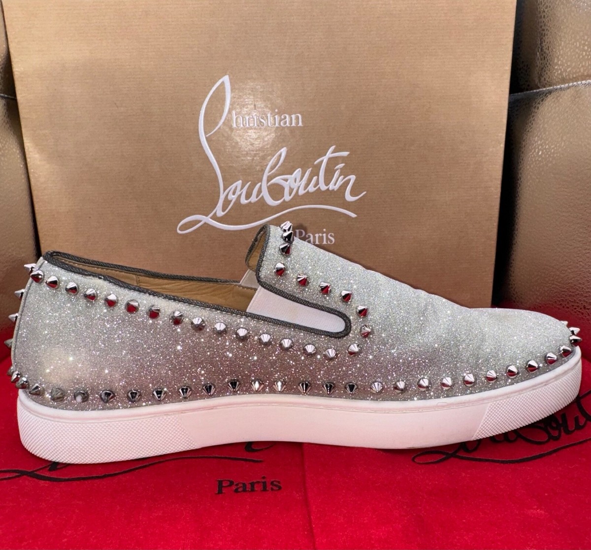 ?Christian Louboutin silver glitter Pik Boat Mens Sneaker  display picture 3