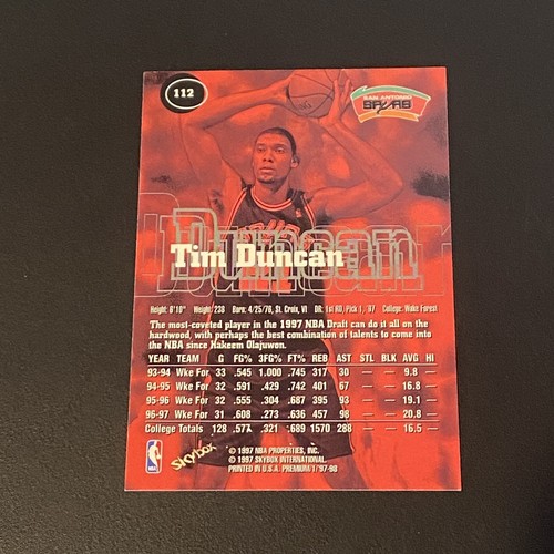 1997-98 Skybox Premium Tim Duncan Rookie RC Card #112 San Antonio Spurs HOF - Picture 2 of 3