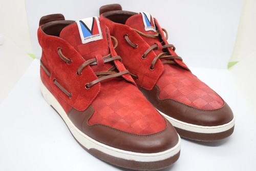 Auth LOUIS VUITTON Damier High Top Red Leather Suede Boat Shoes Sz US 10 EU 43 - Picture 2 of 8