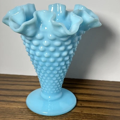 Vintage Fenton Pastel Blue Hobnail Milk Glass Footed Double Crimped Ruffle Vase