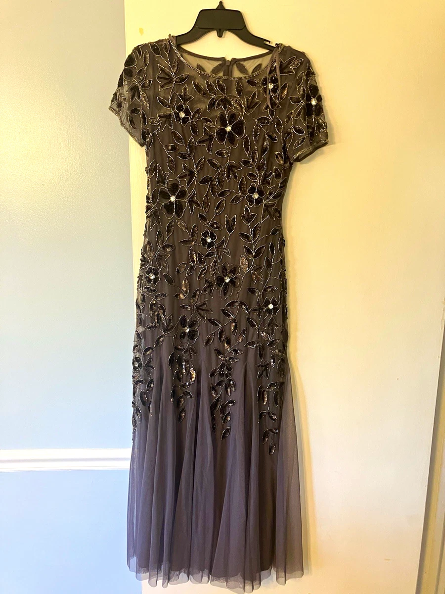 Vestido midi manga corta malla floral lentejuelas con cuentas gris Adrianna Papell 6