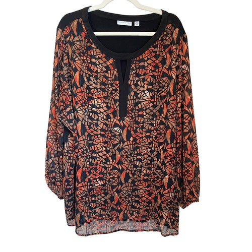 Susan Graver Damen 3X Bluse orange schwarz transparente Ärmel flüssiger Strick & Chiffon