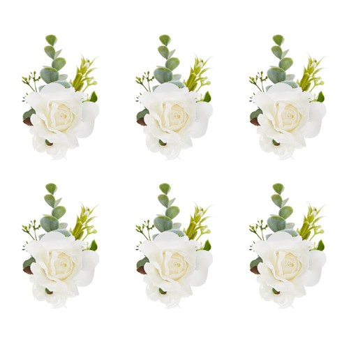 White Ivory Rose Wrist Corsage, Set of 6, Wedding Bridal Flower Corsage Hand ...