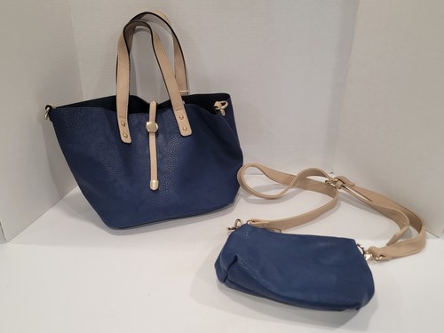 Charming Charlie Navy Leather Bucket Bag With Matching Purse & Crossbody Strap