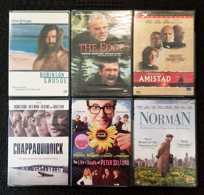 6 Brand New/Sealed DVDs: Robinson Crusoe, The Edge, Amistad, Chippaquiddick,
