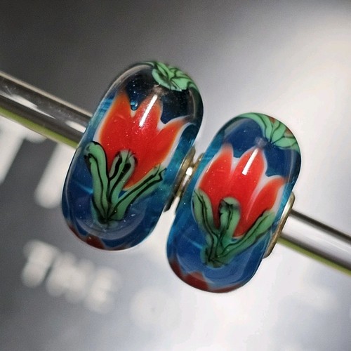 Trollbeads Orange Tulip Flower Unique Set Glass Bead OOAK