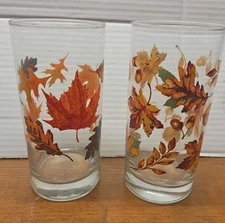 Fall Glasses, Set Of 2 Orange Leaves 6” Tall Crisa Libbey Drinking Glasses