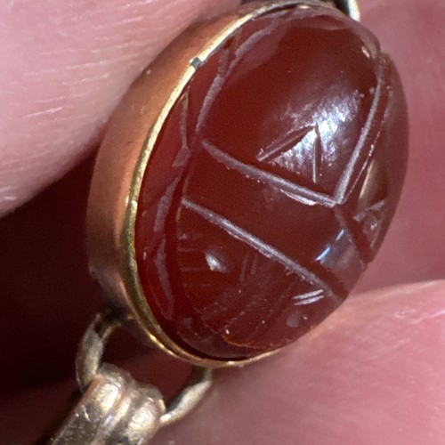 Vintage 12k Gold Filled 7.5” Scarab Bracelet Carved Gemstone Victorian NICE - Foto 8 di 17