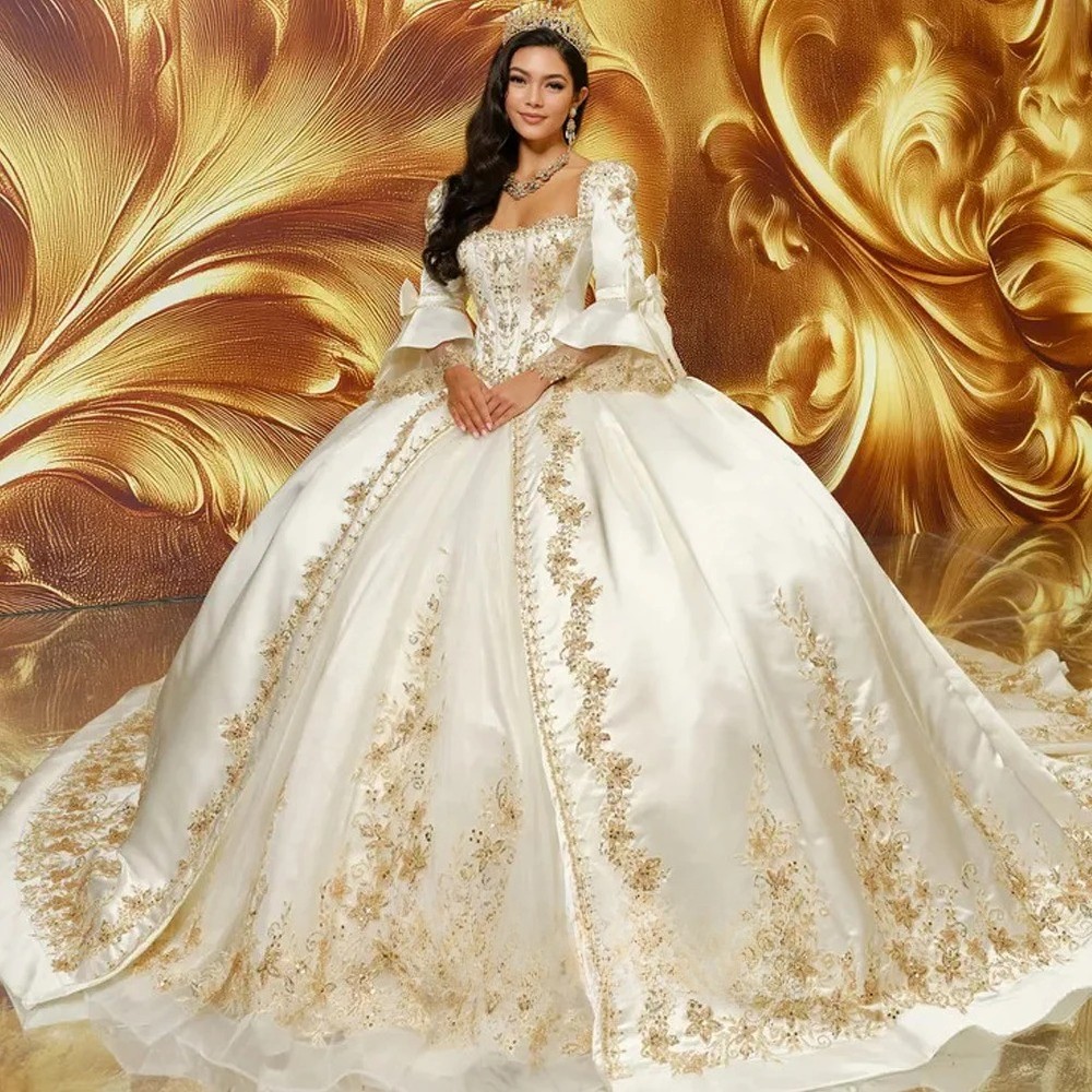 Vestido de Quinceañera Marfil para 15 Años con Manga Larga Corte Fiesta Vestido