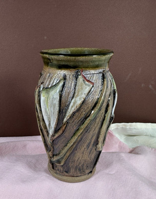 Studio Art Pottery Glazed Vase 3D all over Calla Lilies Signed by Artist 6'' Tall